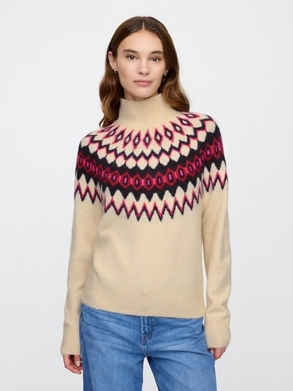 Gap Womens Relaxed Fair Isle Knit Mockneck Sweater Top Large Bleached Sand Fall